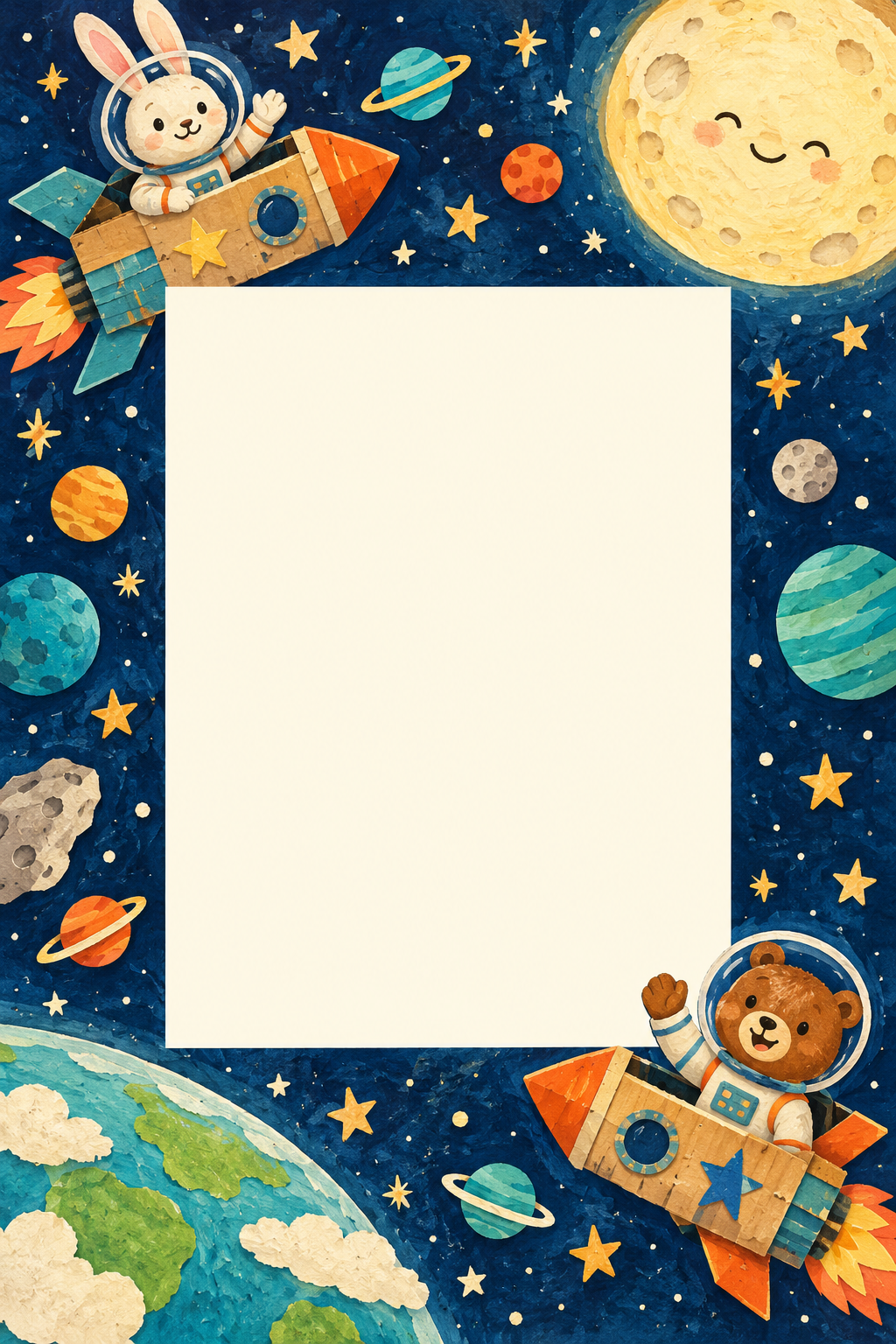 Original bunny and bear astronauts flying cardboard rockets around a tall blank photo opening