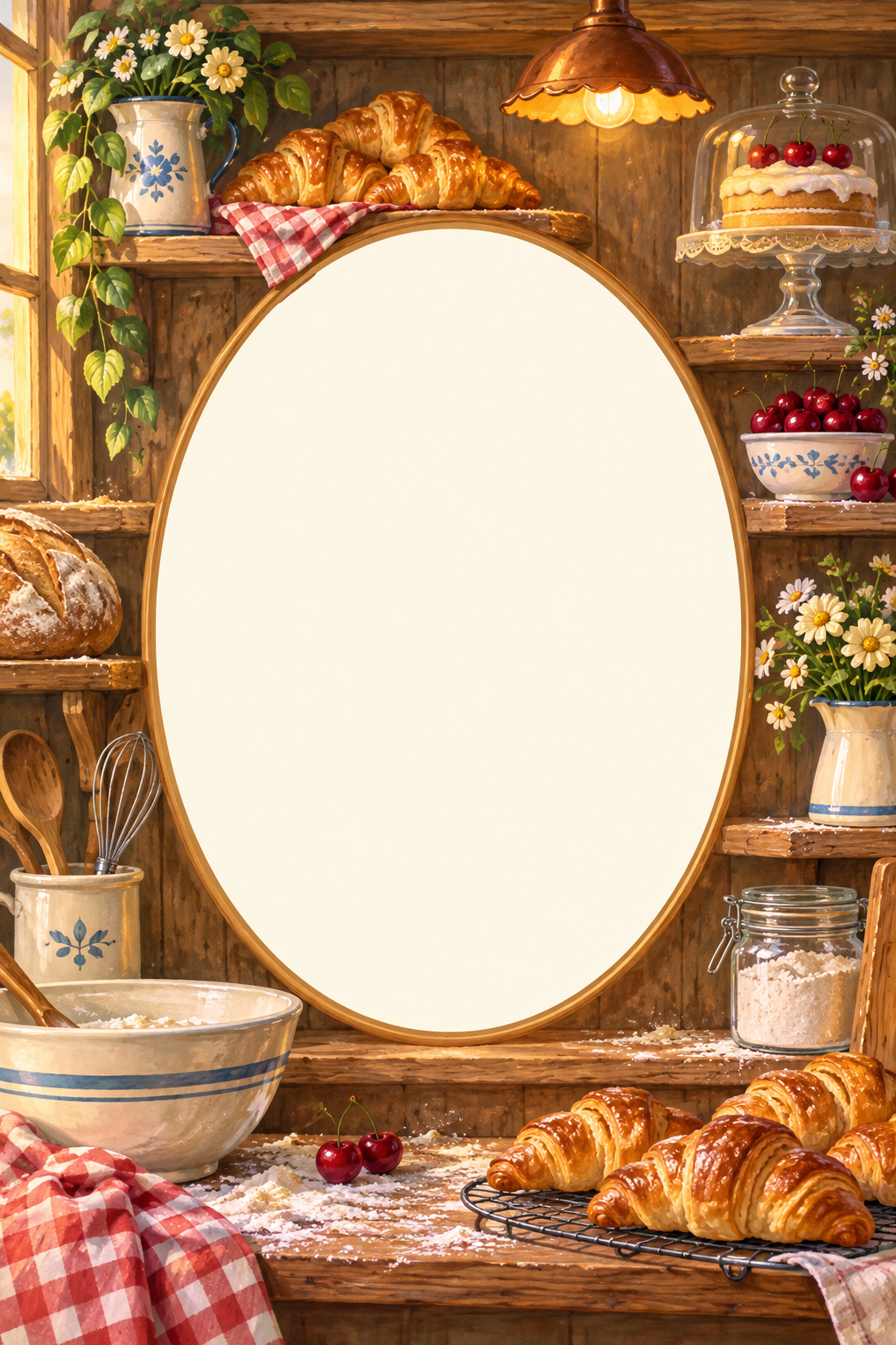 Warm bakery shelves with croissants, cherries and a blank oval portrait opening