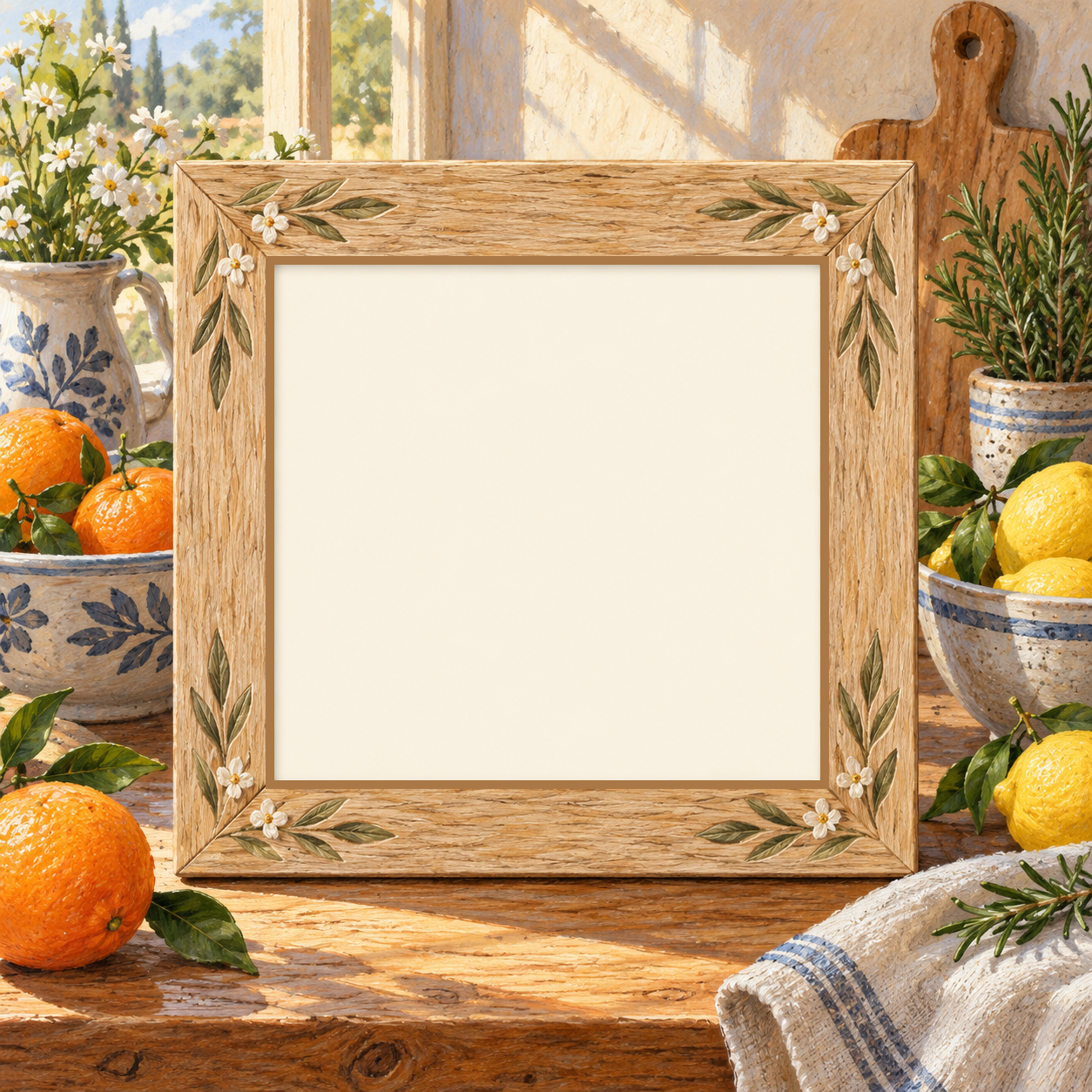Citrus summer illustrated scene with a blank photo opening