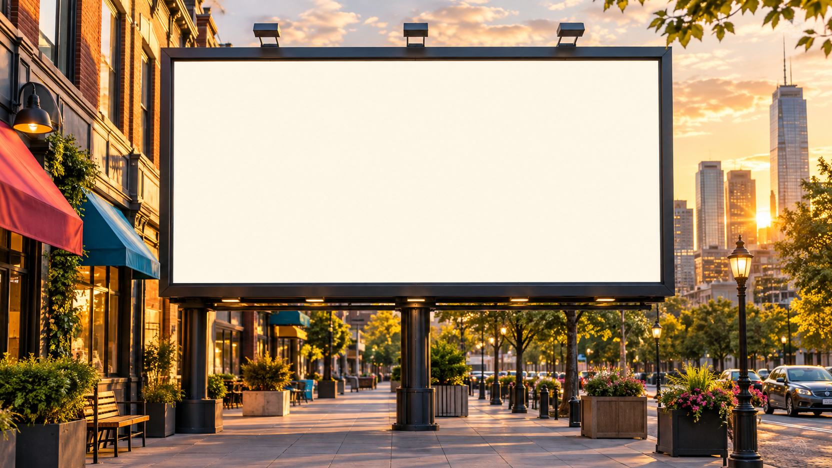 Sunlit city sidewalk with a large blank billboard display