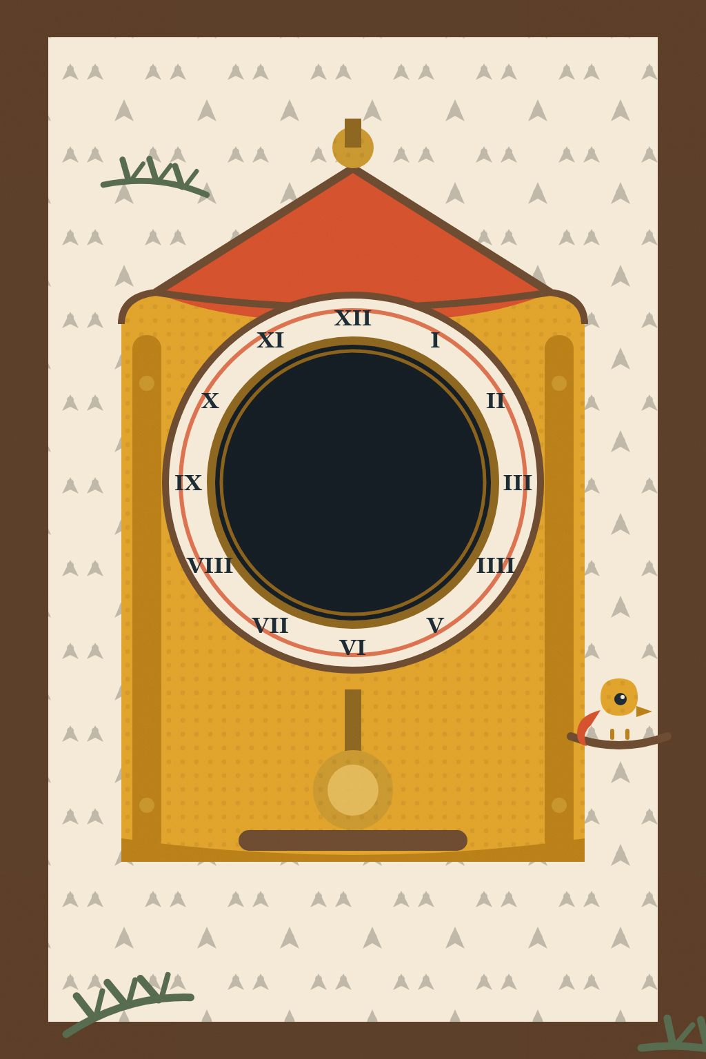 Illustrated chalet cuckoo clock with a blank round dial opening and a small bird perched beside the case