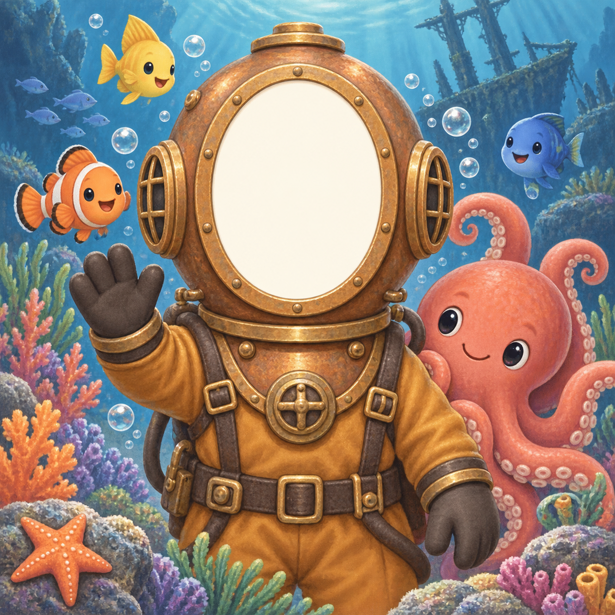 Cute copper-suited diver with a blank oval face window, surrounded by friendly sea creatures