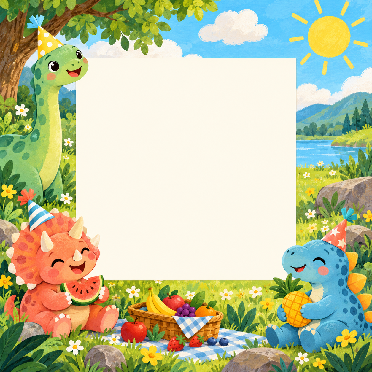 Three original cartoon dinosaurs having a sunny picnic around a blank square photo opening