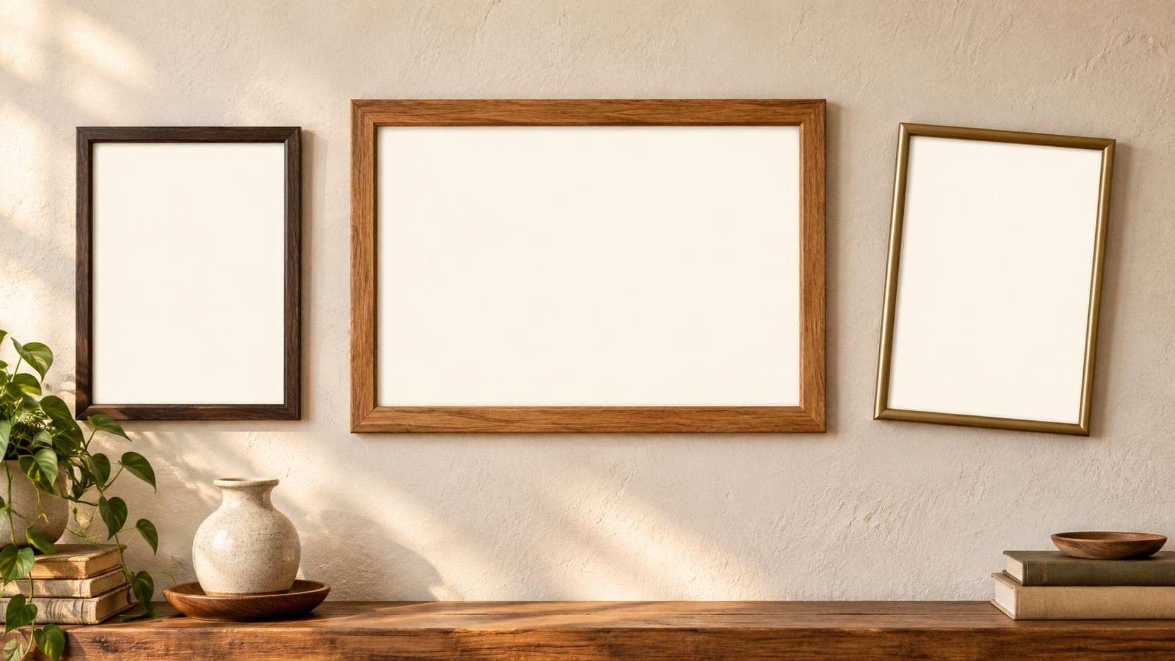 Sunny home gallery wall with three blank picture frames, one gently tilted