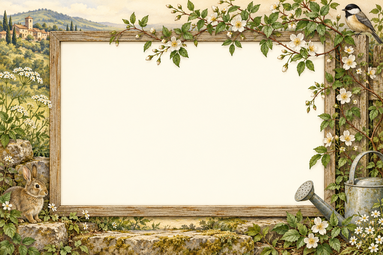 Wooden garden frame with fine leafy vines, blossoms and a blank photo opening