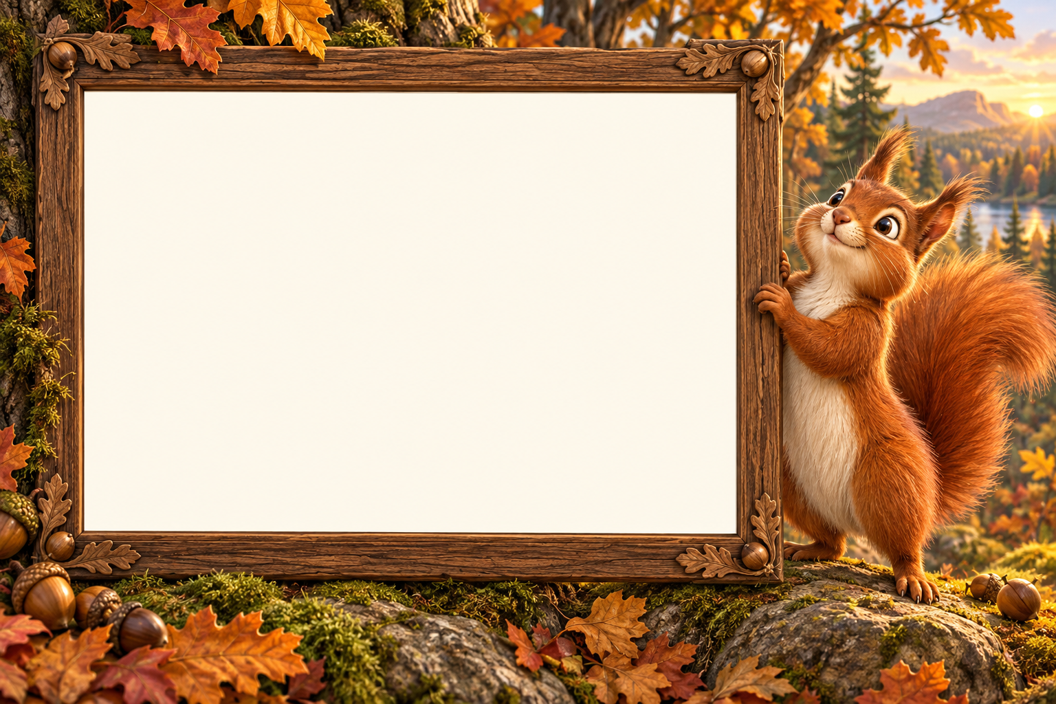 Delighted squirrel hugging a large wooden photo frame in an autumn woodland