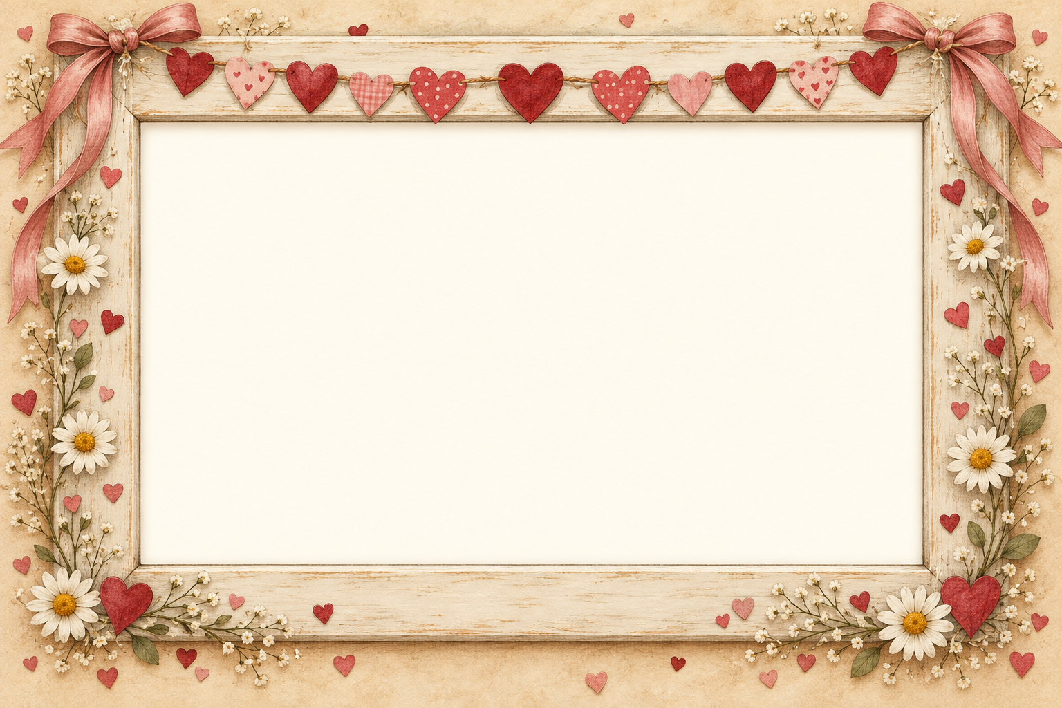 Wide ivory frame with a garland of paper hearts, blush bows and daisies