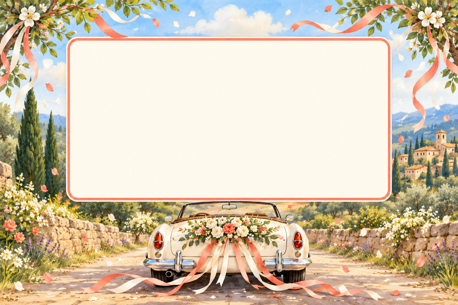 Sunny countryside wedding frame with a flower-decked cream vintage convertible