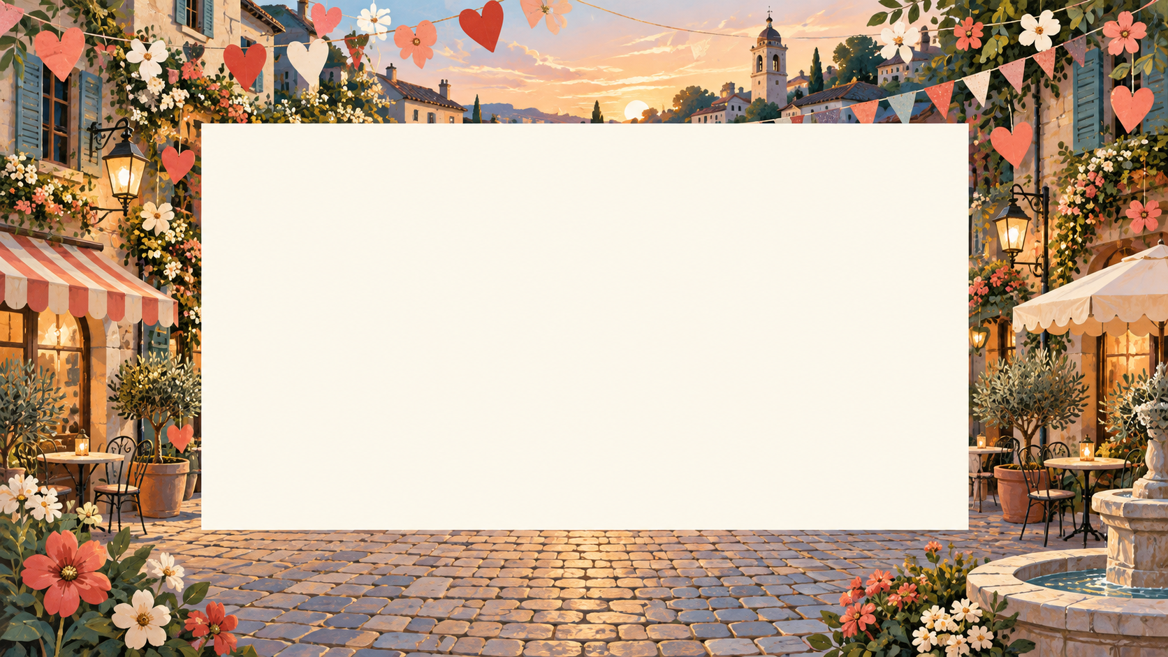 Panoramic city square with paper hearts, flowers and a blank central photo display
