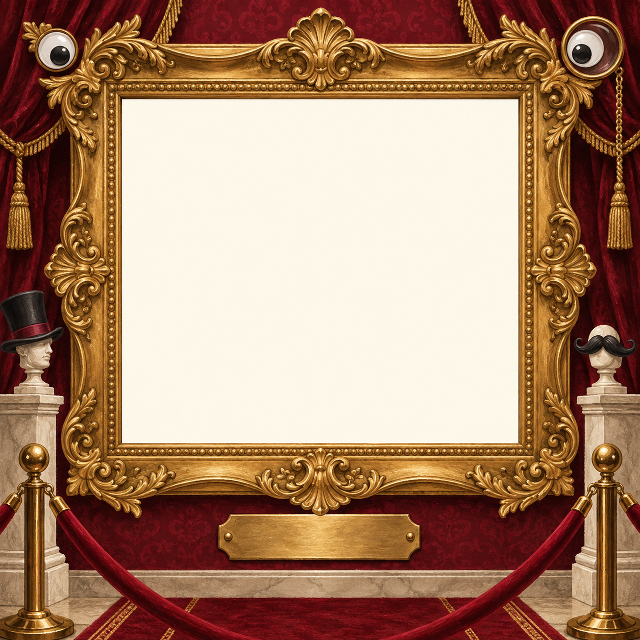 Grand gold museum frame with googly eyes, tiny velvet ropes and a blank photo opening