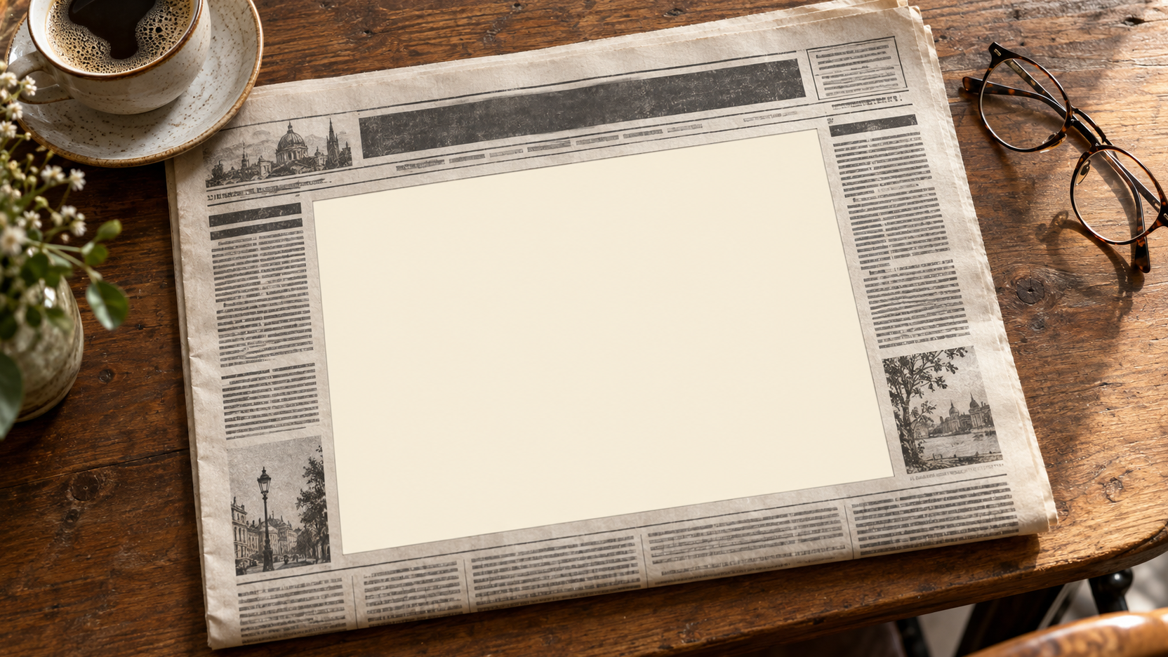 Vintage newspaper on a cafe table with a large blank front-page picture