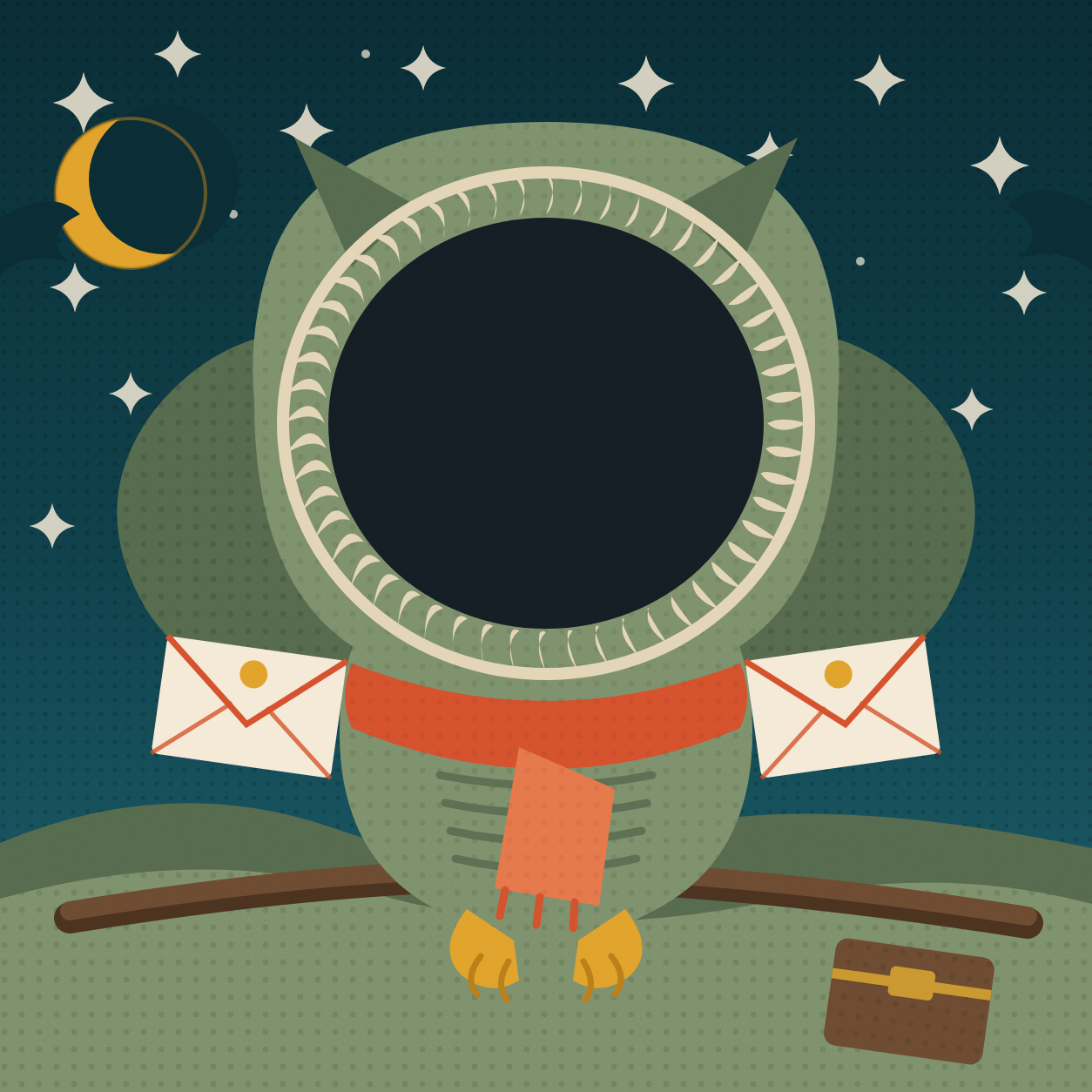 Screen-printed owl postmaster with a blank round opening for a face, envelopes in its wings under a crescent moon