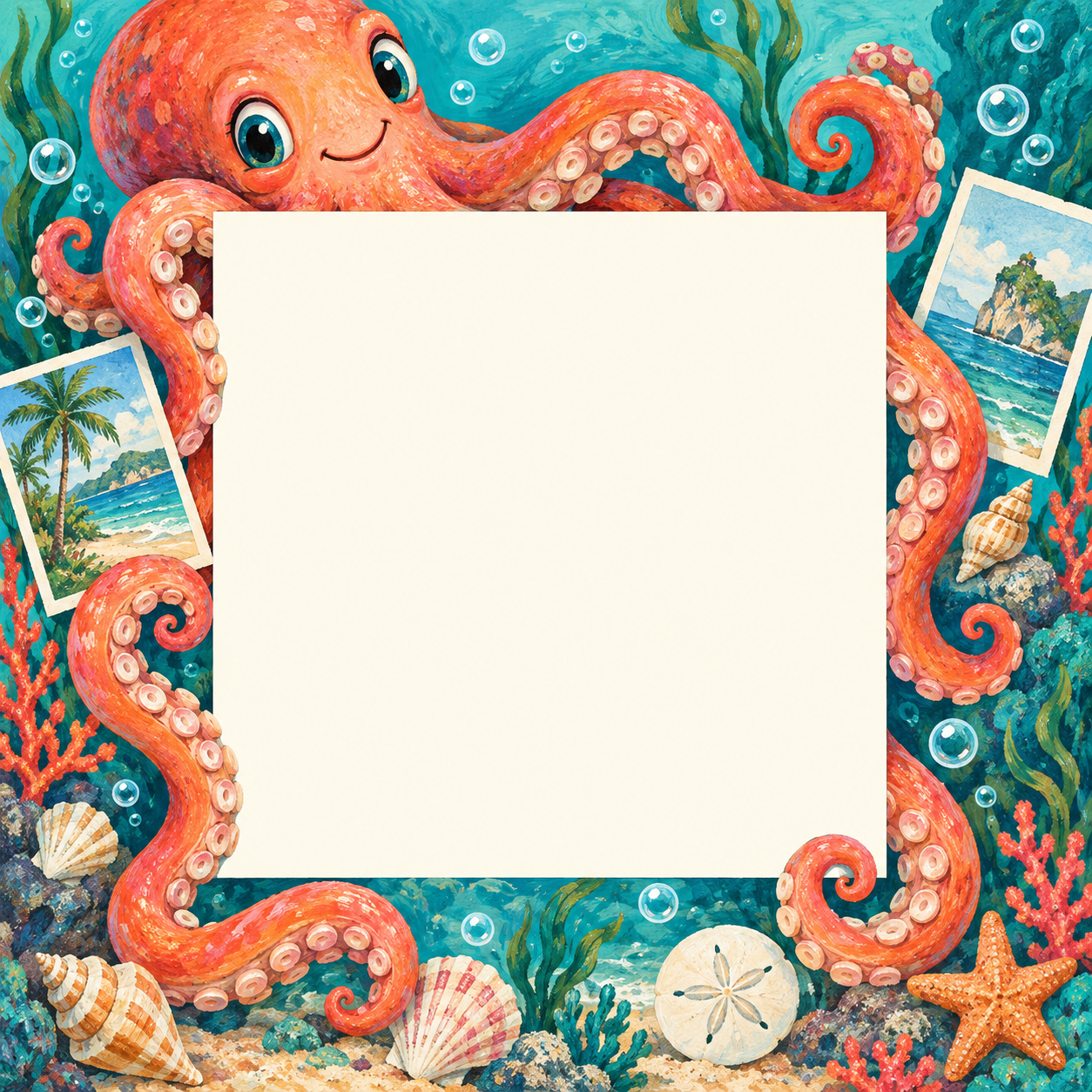 Cheerful coral octopus presenting a blank photo opening underwater