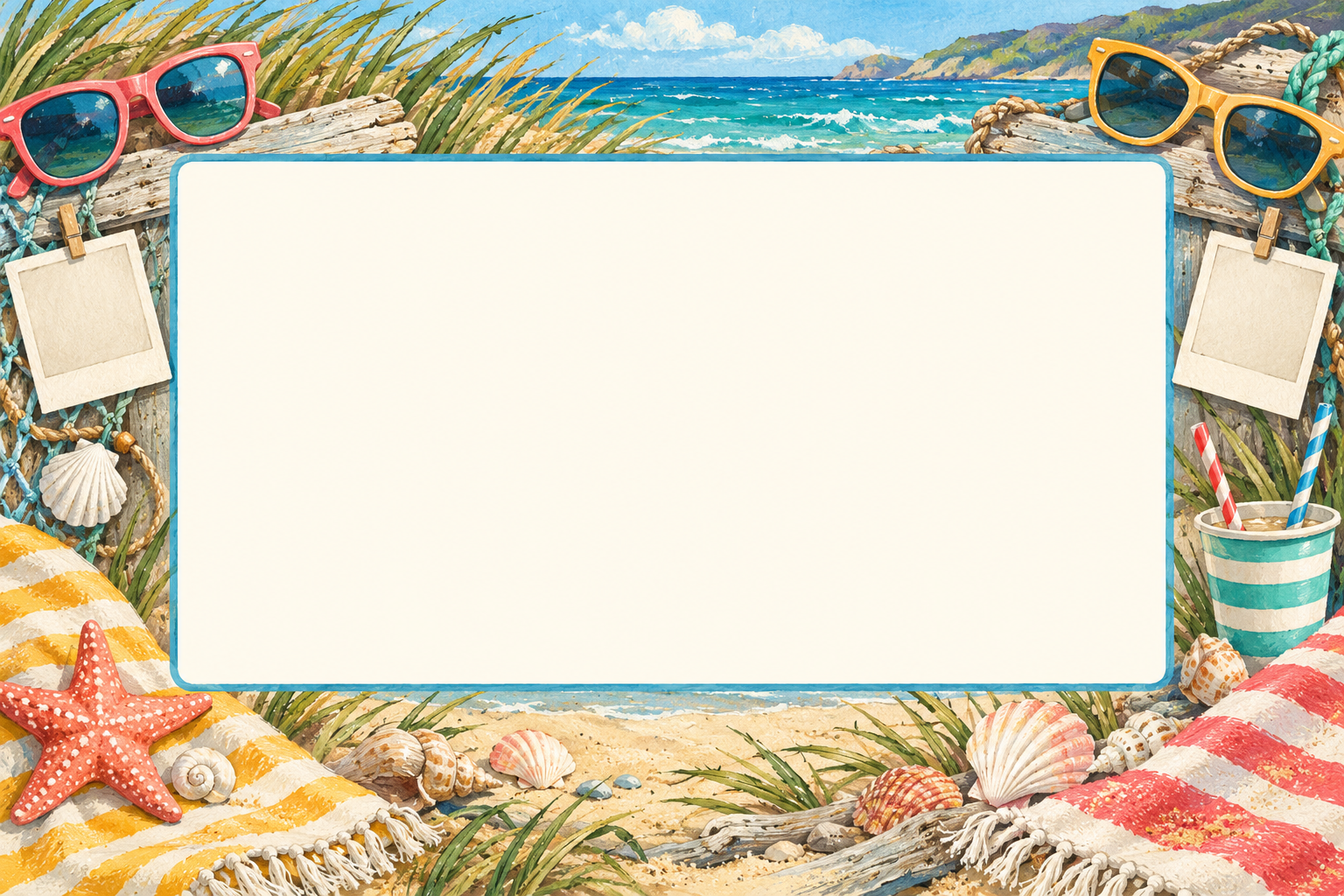 Wide seaside friendship frame with sunglasses, shells, striped towels and two straws