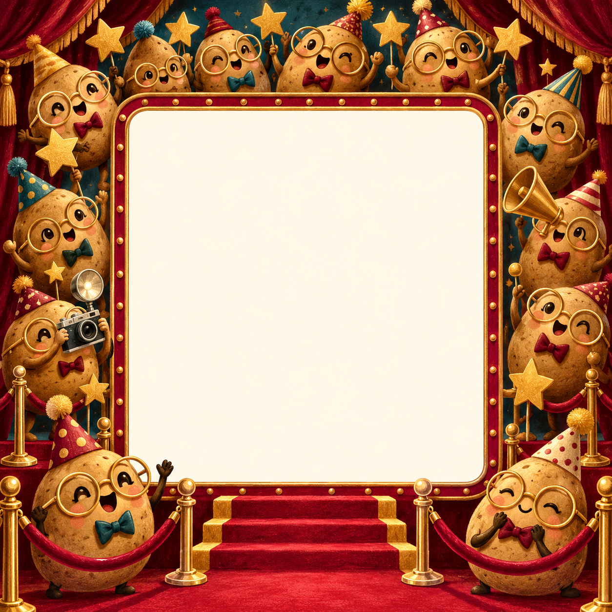 Funny red-carpet frame surrounded by cheering potato characters in bow ties and party hats