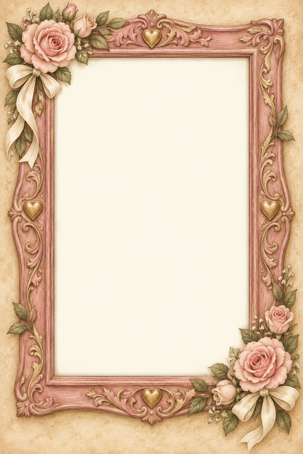 Tall pink carved frame with blush roses, gold hearts and cream ribbons