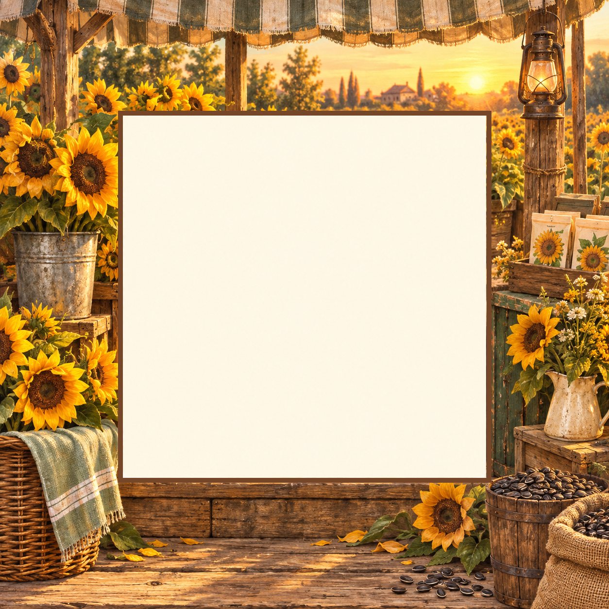 Sunflower market illustrated scene with a blank photo opening
