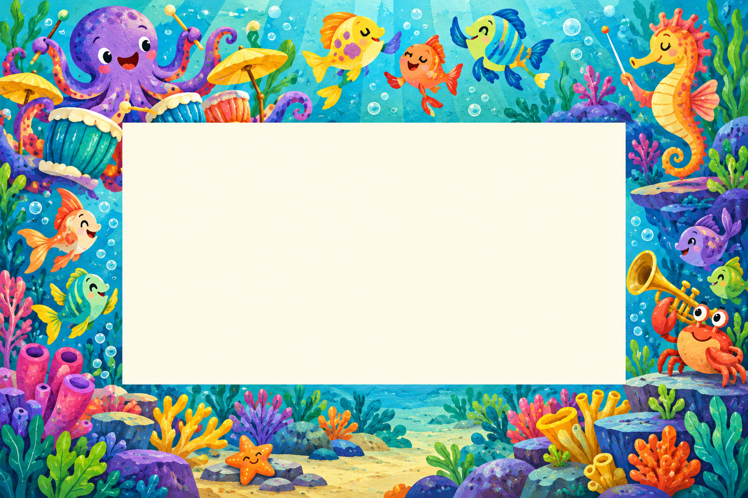 Original colourful sea creatures playing in a band around a wide blank photo opening