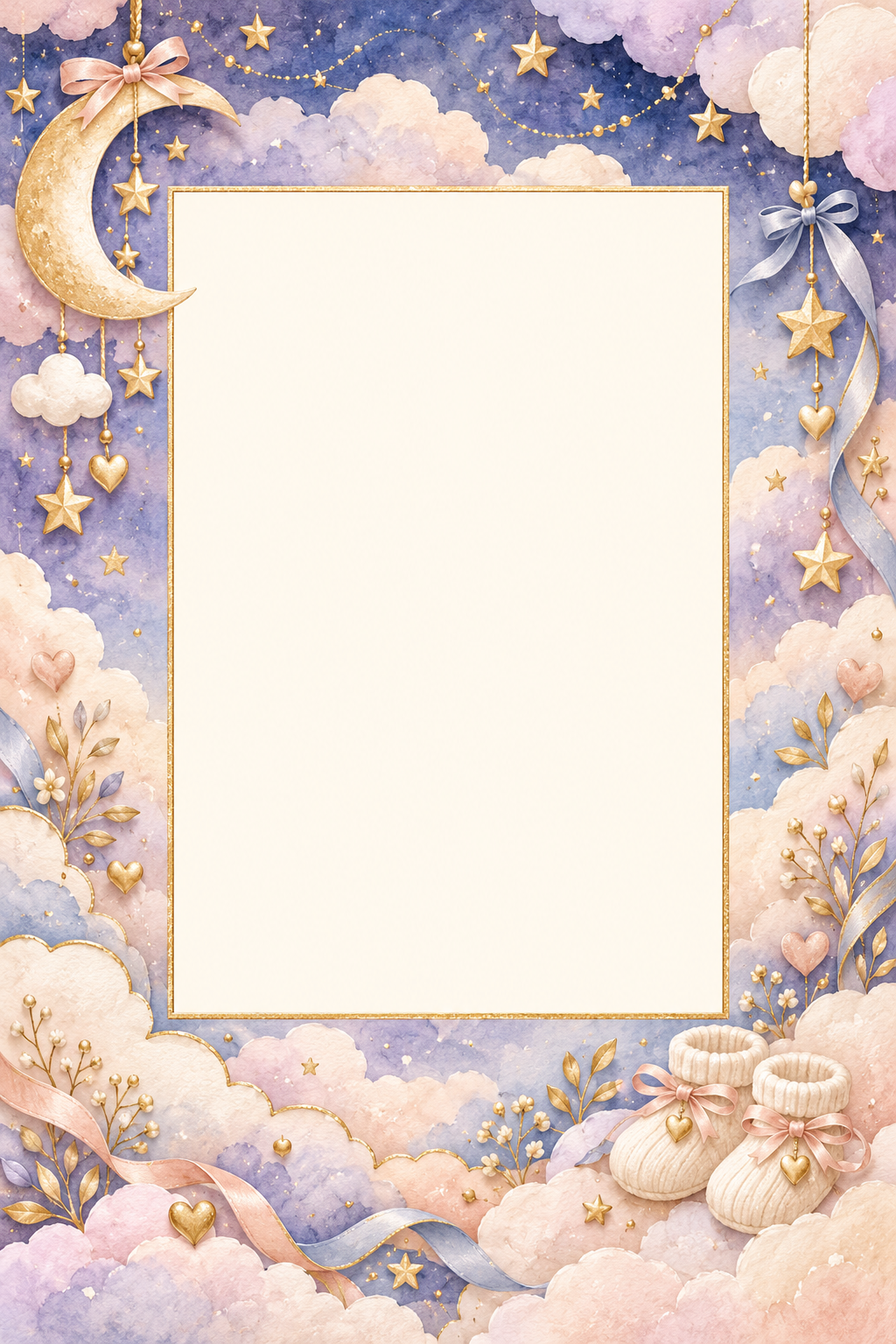 Dreamy moon, clouds, stars and knitted baby booties around a tall blank photo opening