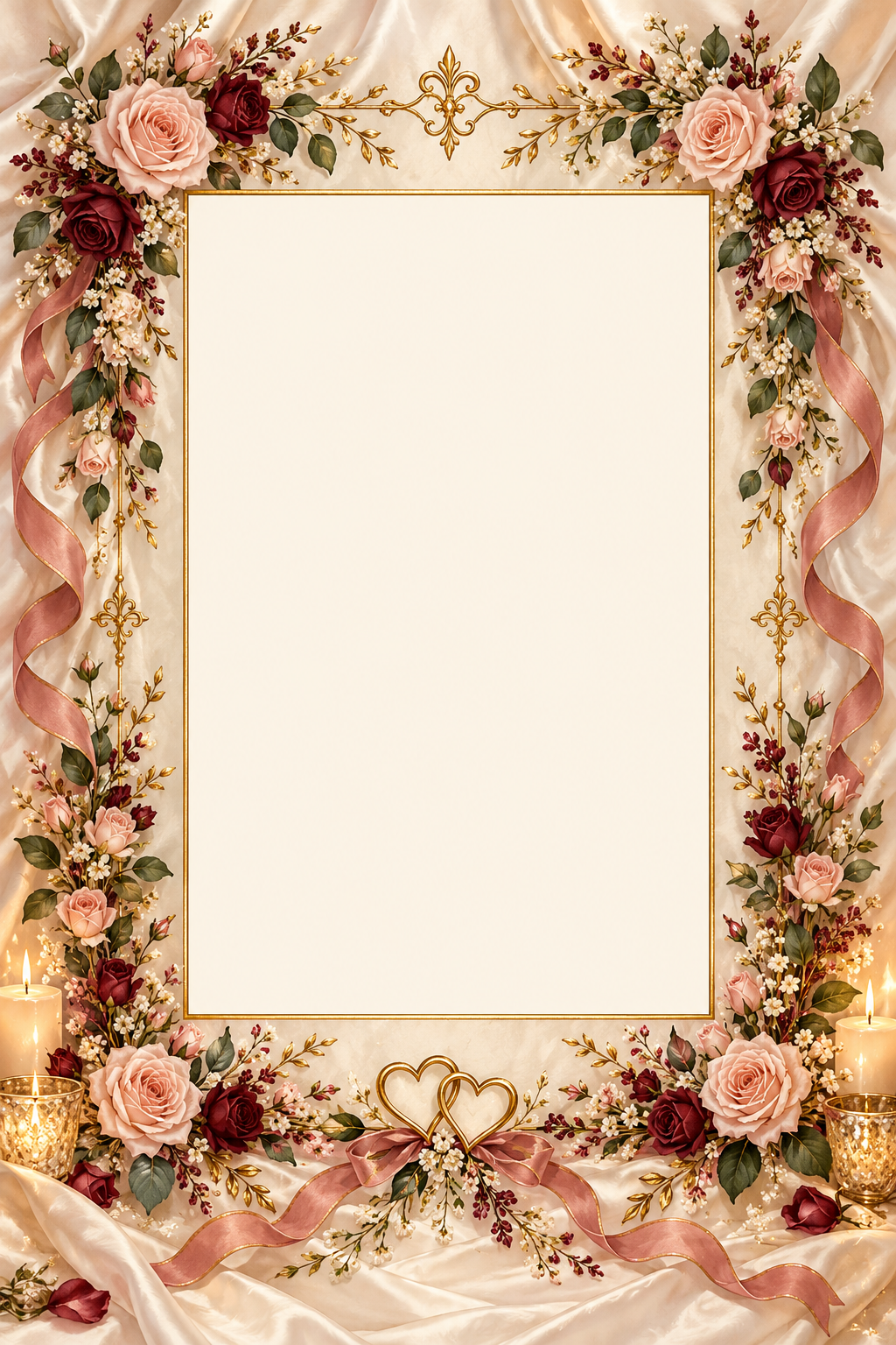 Tall candlelit wedding frame with ivory silk, roses and two linked golden hearts