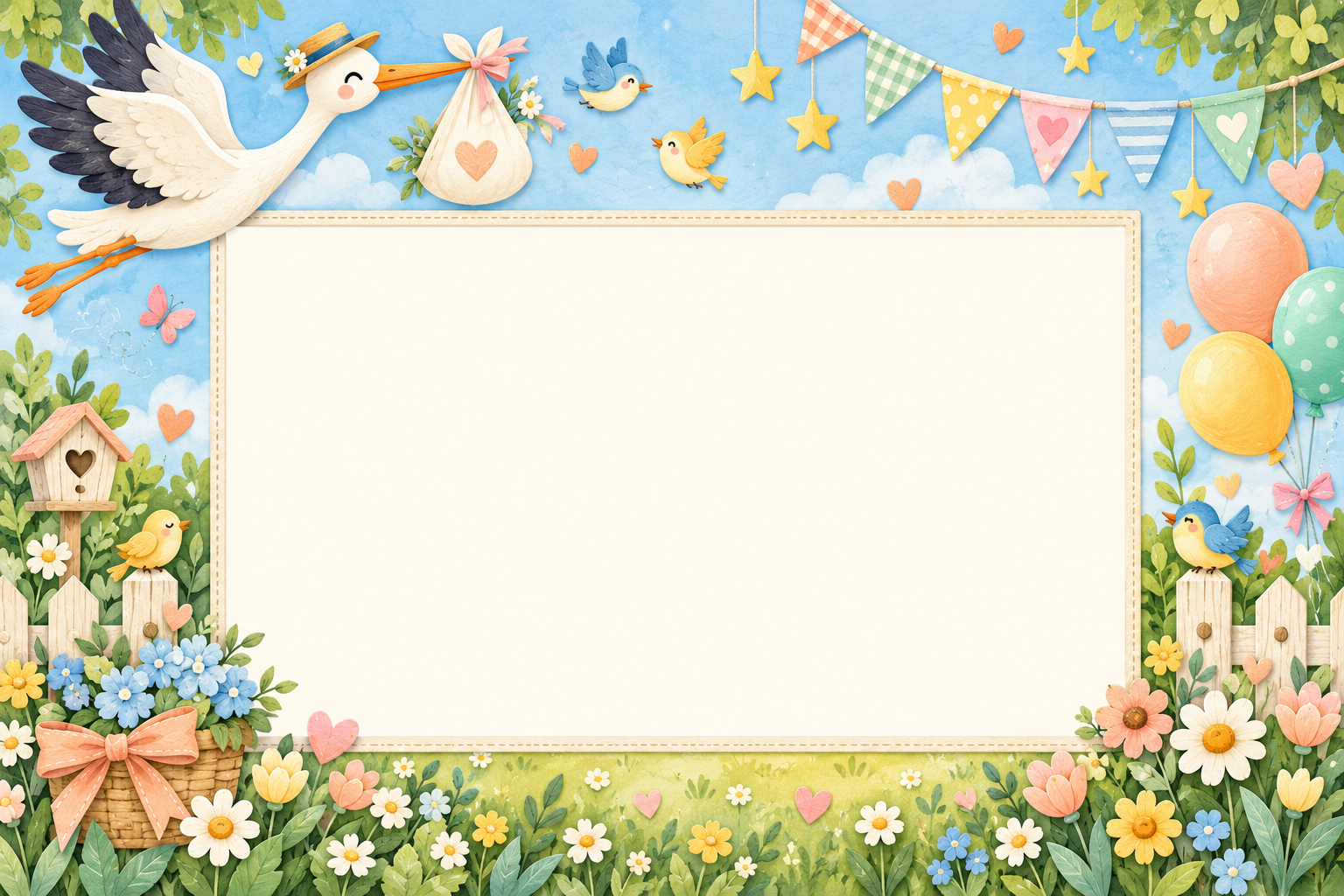 Original friendly stork with a bundle, bunting, balloons and flowers around a wide blank photo opening