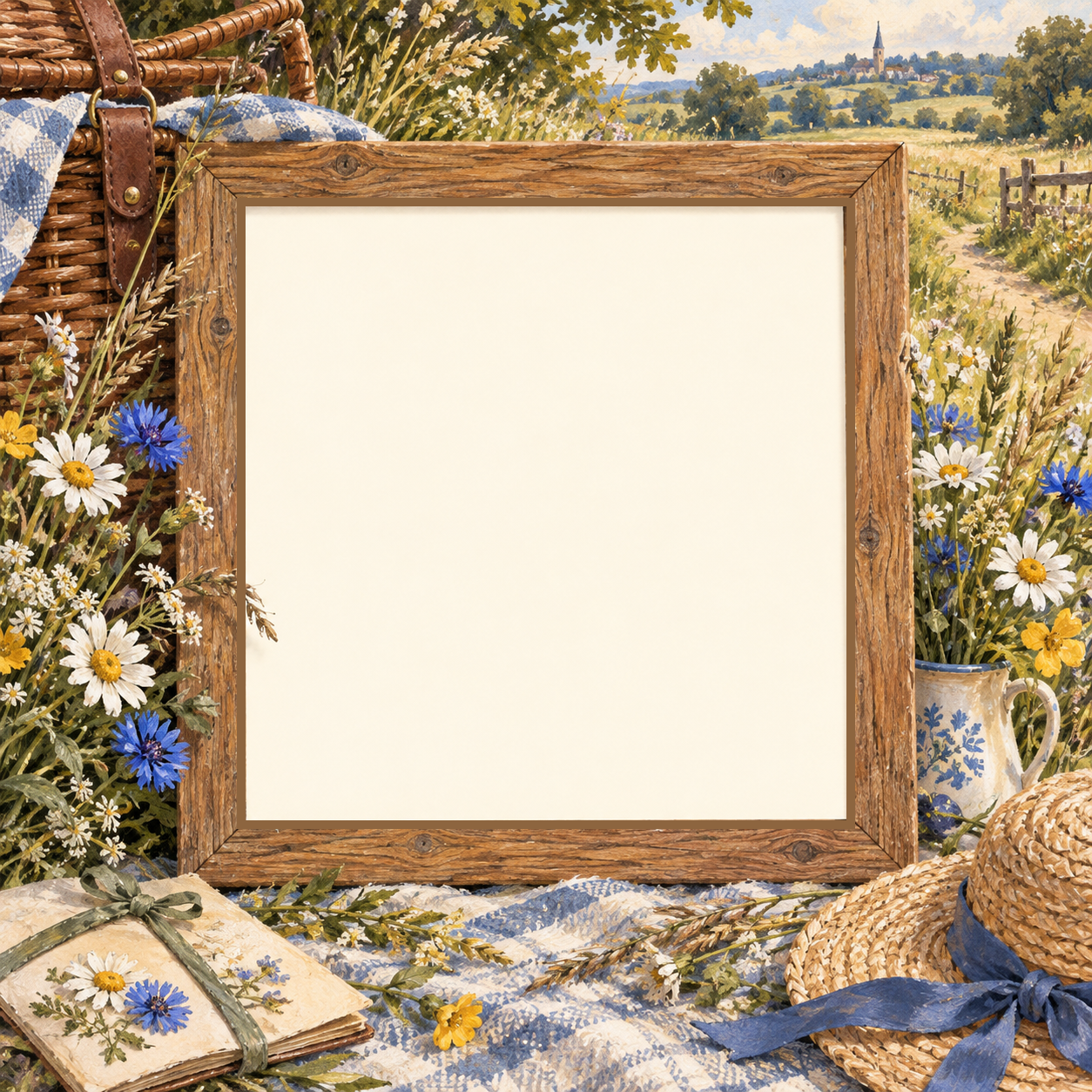Wildflower walk illustrated scene with a blank photo opening