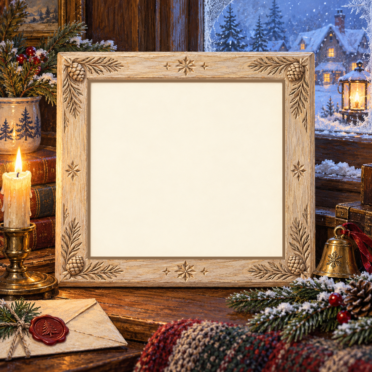 Winter postcard illustrated scene with a blank photo opening